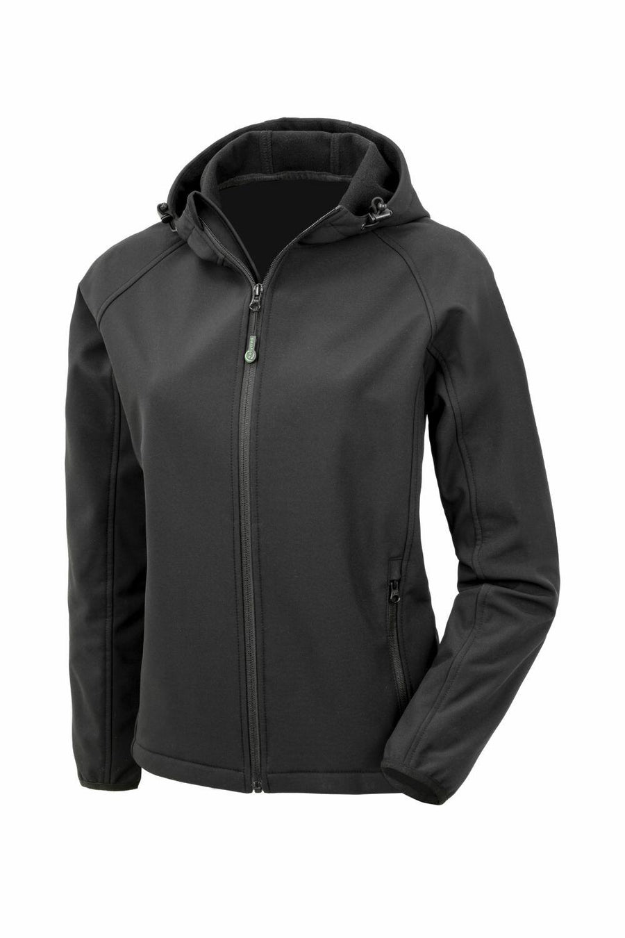 A black zip-up jacket with a hood, long sleeves, and zipped pockets from Result Genuine Recycled, model R911F.