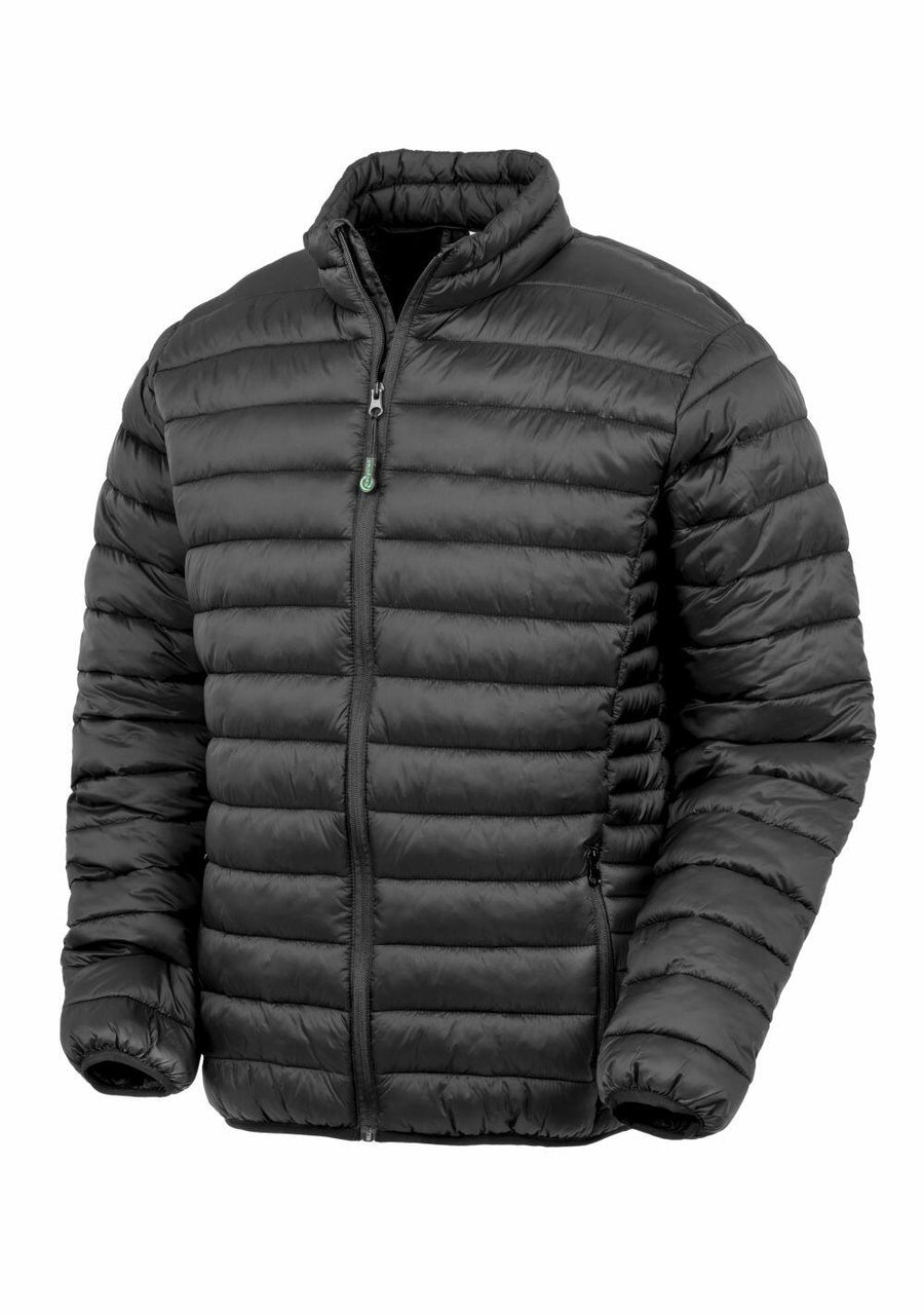 The R912X by Result Genuine Recycled is a black puffer jacket featuring a front zipper and two side pockets.