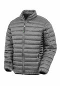 A gray R912X quilted puffer jacket from Result Genuine Recycled featuring a high collar and zippered front.