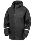 A black Jackets hooded rain jacket with a front zip, side pockets, elasticated cuffs, and white reflective bands around the upper arms, shown on a plain white background.