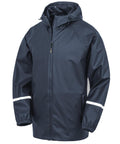 A dark blue Jackets rain jacket with a hood, front zip, elasticated cuffs, white reflective sleeve bands, and two zipped side pockets is shown against a plain white background.