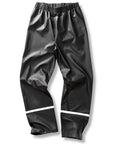 Trousers: Black waterproof trousers with an elastic waistband, white reflective stripes near the bottom of each leg, loose fit, and shiny material.