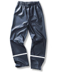 Navy blue waterproof trousers with an elasticated waistband and white reflective stripes near the bottom of each leg, laid flat on a white background.