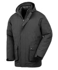 A black jacket's winter coat with a hood, front zip, press-stud fastenings, and two large flap pockets is shown against a white background.