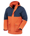 Jackets: Two-tone winter jacket with navy blue top, bright orange bottom, hood, front zip with press-stud fastenings, and two large front pockets with buttoned flaps.