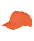 A baseball cap in a vibrant orange hue featuring a curved brim and an adjustable strap, crafted by Result Genuine Recycled. The R984J model showcases a minimalist design free of any visible logos or patterns.