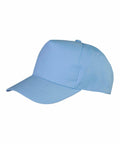 A product from Result Genuine Recycled, the R984J is a light blue baseball cap featuring a curved brim and an adjustable strap, shown positioned with its front facing left.