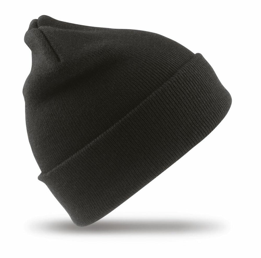 The Result Winter Essentials RC029 beanie, featuring a folded brim and knit design in black, is displayed against a white background.