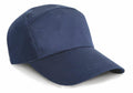 A plain navy blue RC02X baseball cap from Result Headwear, featuring a curved brim and shown from a slightly angled perspective. The stitching is visible, showcasing its simple, unadorned design.