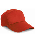A vibrant red RC02X baseball cap from Result Headwear, featuring a curved brim, displayed against a white background.