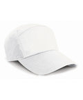 A plain white RC02X baseball cap by Result Headwear, featuring a curved brim and structured crown, set against a white background.