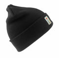 A black knit beanie featuring a small fabric tag with the 3M Thinsulate logo from Result Winter Essentials, product name RC033.