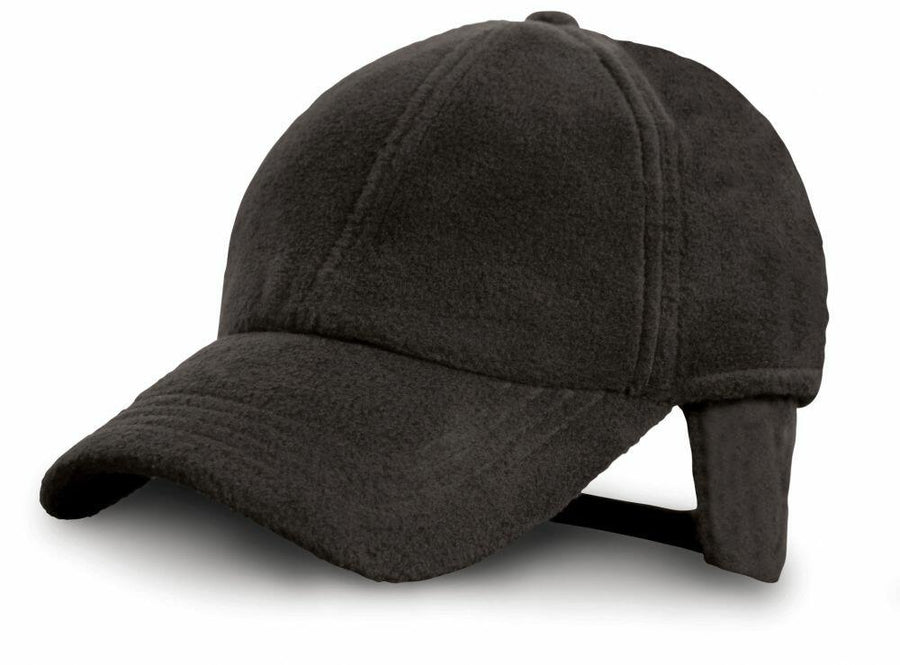 RC036 is a dark fleece baseball cap with ear flaps and a curved brim, offered by Result Winter Essentials.