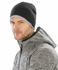 A man wearing a gray Result RC046 zip-up hoodie and a black beanie looks directly at the camera.