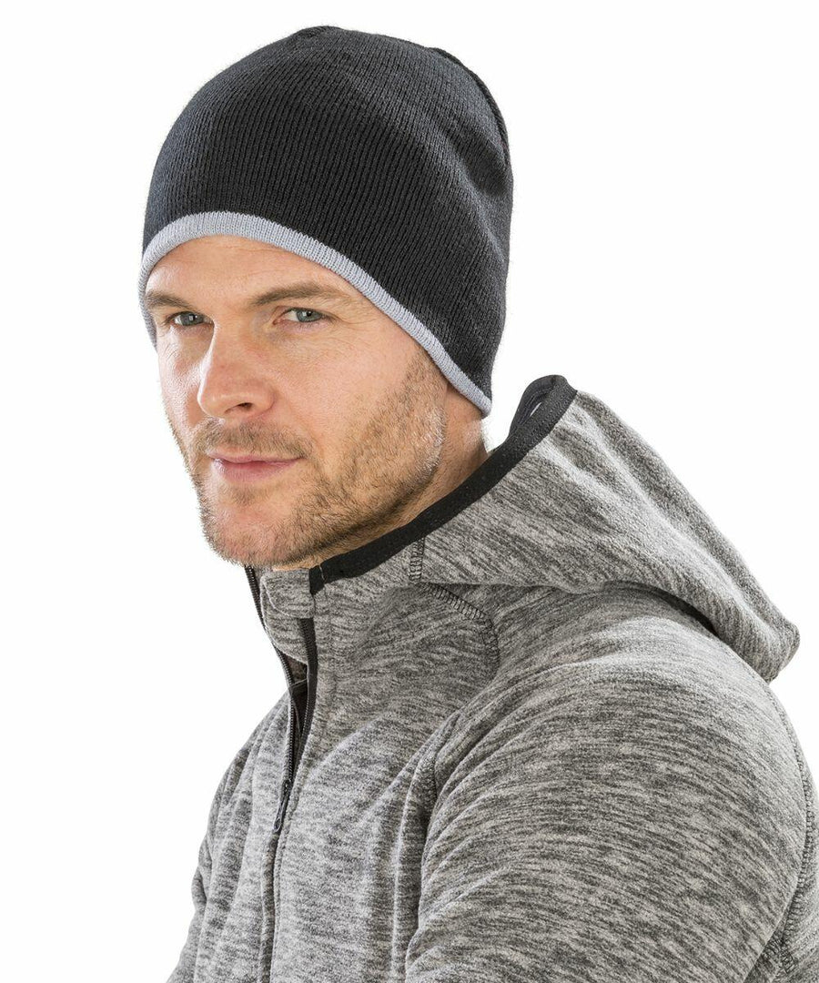 A man wearing a gray Result RC046 zip-up hoodie and a black beanie looks directly at the camera.