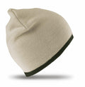 Product Description: The RC046 knit beanie from Result Winter Essentials, featuring a beige body with a dark green trim around the base, displayed against a white background.