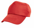 A Result Headwear RC05J baseball cap in plain red with a curved brim, showcased against a white background.