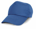 The RC05J baseball cap by Result Headwear features a curved brim and a smooth, plain fabric texture in blue. The cap is showcased against a neutral, white background.
