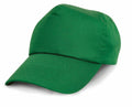 Against a white background, there is an RC05X baseball cap from Result Headwear, featuring a plain green design with a curved bill.