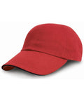The RC10P, a sleek red baseball cap from Result Headwear, features a curved brim and smooth texture, set against a white background.