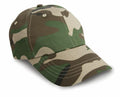 The Result Headwear RC10X is a camouflage-patterned baseball cap featuring a curved brim and an adjustable strap, displayed against a white background.