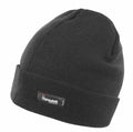 A black beanie from Result Winter Essentials featuring a prominent 3M Thinsulate insulation label, identified as Product RC133.