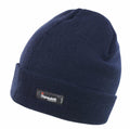 The RC133 beanie from Result Winter Essentials is navy blue and features a fold-over cuff. A small black label displaying "Thinsulate" in white text adds a subtle detail. The hat is set against a plain white background.