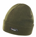 A green beanie, identified as product RC133 from Result Winter Essentials, is crafted from Thinsulate material. It features a folded brim with a black rectangular label showcasing the Thinsulate brand name in white text. The texture appears soft and warm, making it ideal for cold weather.
