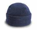 A RC141 fleece beanie in blue, featuring a folded brim, is displayed against a plain white background. This item is part of the Result Winter Essentials collection.