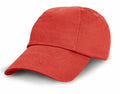 A vibrant RC18J baseball cap in bright red, designed by Result Headwear, featuring a curved brim and visible stitching on the visor. It's photographed from a three-quarters angle against a plain white background to emphasize its bold color and minimalist design.
