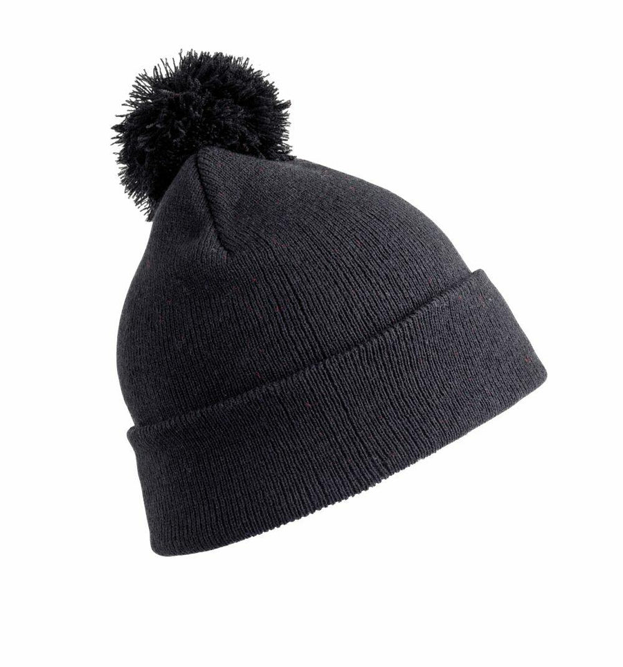 RC28J by Result Winter Essentials is a black knit beanie featuring a pom-pom on top, showcased at an angle against a white background.