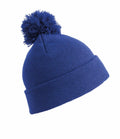 The RC28X blue knit beanie, featuring a pom-pom on top, from Result Winter Essentials is displayed against a white background.