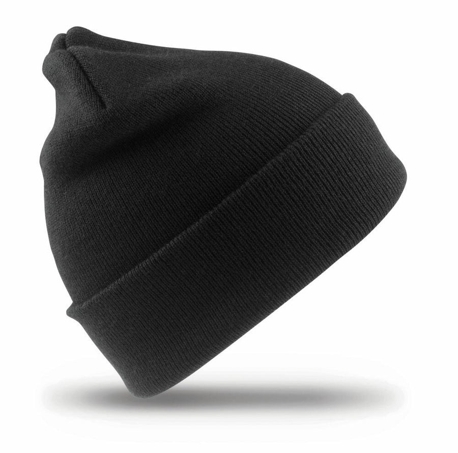 A black knitted RC29J beanie with a folded cuff by Result Winter Essentials, displayed against a white background.