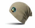 A beige knit beanie from Result Winter Essentials, featuring a colorful circular logo with the text "50FIFTY Genuine and Snap Liquid" on the side. The hat, named RC31X, is displayed against a white background with a shadow beneath it.