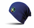 A dark blue knit beanie from Result Winter Essentials, model RC31X, adorned with a colorful circular logo featuring the text Sonex on the side. The beanie is showcased against a white background with a soft shadow beneath it.