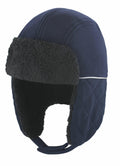 A navy blue, quilted RC32X trapper hat from Result Winter Essentials, featuring a black faux fur lining and ear flaps.