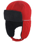 The Result Winter Essentials RC32X is a fleece trapper hat in red and black, featuring quilted ear flaps and a buckle strap.