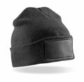 A gray knit beanie featuring the Product Name RC34X from Result Winter Essentials, adorned with a blank rectangular patch on the front, set against a white background.