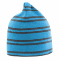 A blue Result Winter Essentials RC354 beanie featuring dark grey horizontal stripes.