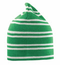 Introducing the RC354 by Result Winter Essentials: a stylish knit beanie featuring green and white stripes and a pointed top.