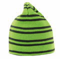 The RC354 by Result Winter Essentials is a vibrant green knit beanie featuring horizontal black stripes, with a simple and snug fit and a pointed top design.