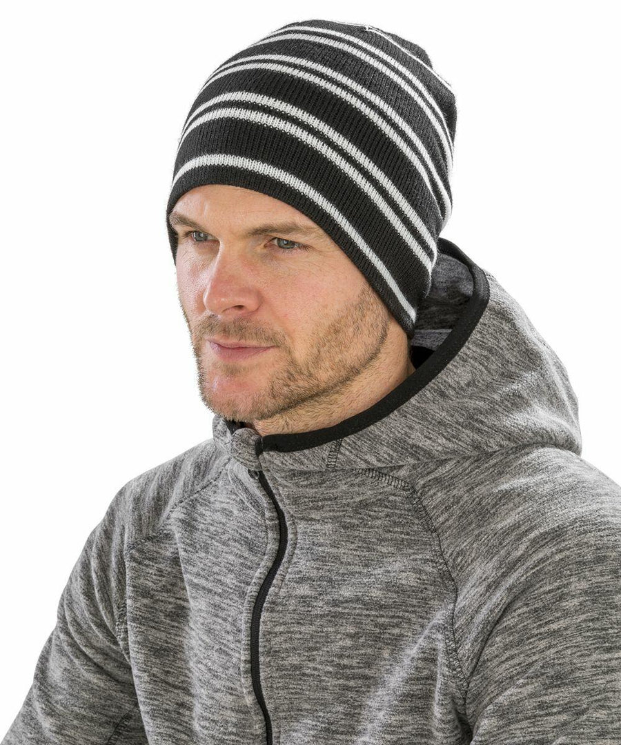 A man wearing a gray Result RC354 hoodie and a black and white striped beanie is looking to the side.