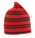 The RC354 from Result Winter Essentials is a red beanie featuring black horizontal stripes. This knit hat has a minimalist design with a pointed top and does not display any visible logo or decoration.