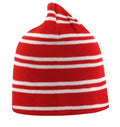 A Result Winter Essentials RC354 red knit beanie featuring white horizontal stripes.