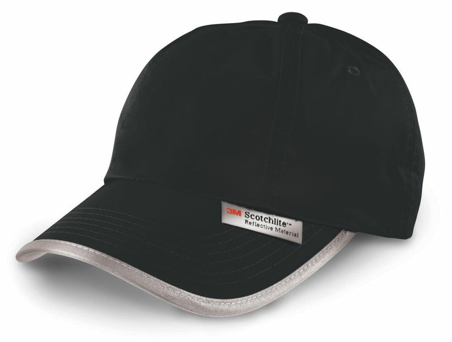 A cap in black with a reflective silver visor, branded with a 3M Scotchlite label on the front, from the Result Headwear collection, model RC35X.