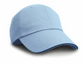 A baseball cap from Result Headwear, model RC38X, featuring a light blue color with a curved brim, showcased against a white background. The underside of the brim is in a slightly darker shade of blue.