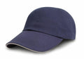 The RC50X baseball cap by Result Headwear features a plain navy blue design with a slightly curved brim and a small gray accent along the edge of the visor, presented against a white background.