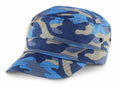 The product displayed is a military-style cap with a short brim in a blue camouflage pattern from Result Headwear, known as the RC59X.