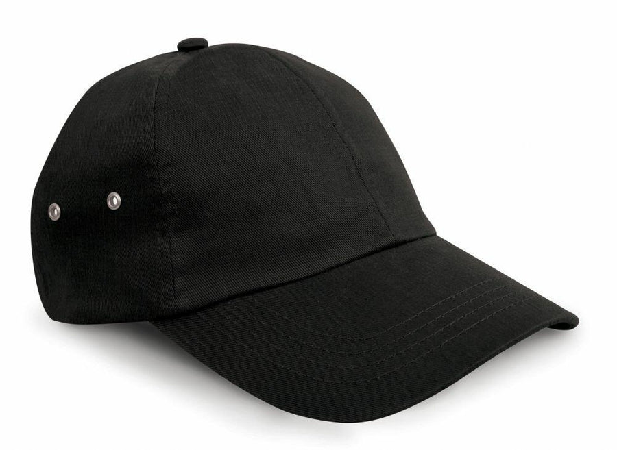 Introducing the Result Headwear RC63X: a sleek black baseball cap with a curved brim, featuring two ventilation eyelets on each side for added comfort.