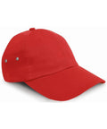 A plain red RC63X baseball cap from Result Headwear, featuring a curved brim and metal ventilation eyelets on the side.